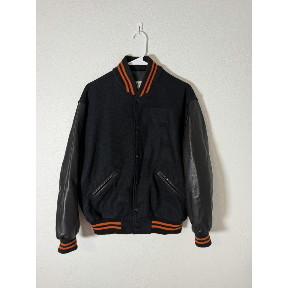 Vintage Deben Beaverton Letterman Jacket Wool Leather Sleeves Black Sz 42 M